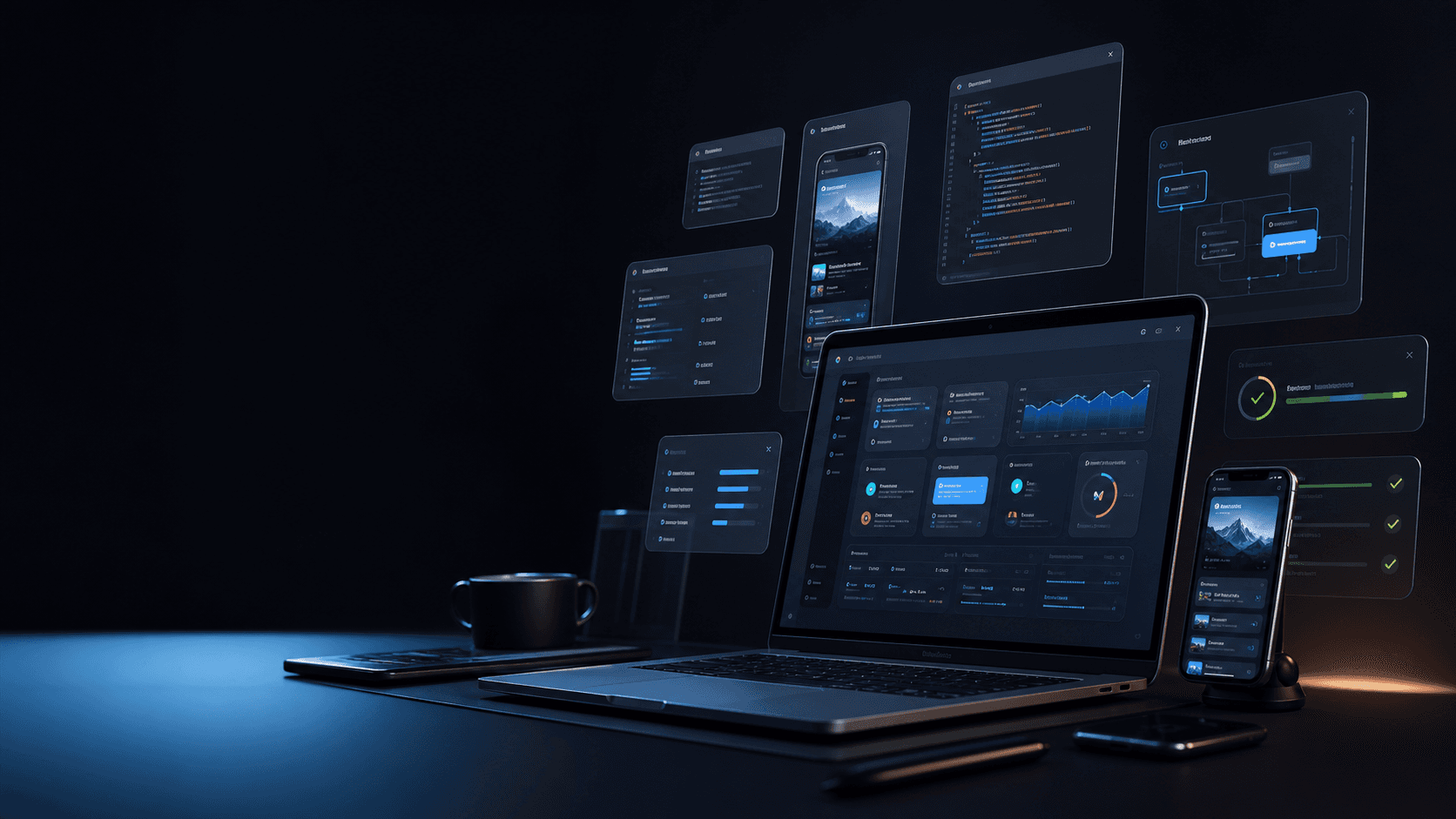 Digital product workspace with web app screens and development interfaces